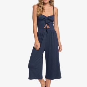 Roxy Navy Blue Wide-Leg Jumpsuit with Ruched Tie Front